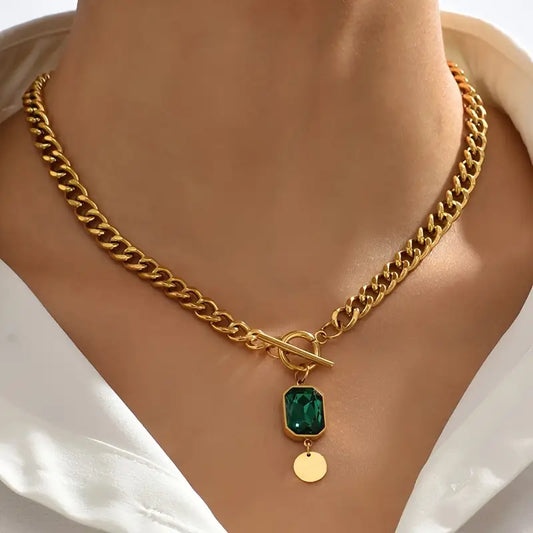 Chunky Chain Esmeralda Pendant Collar | Oro