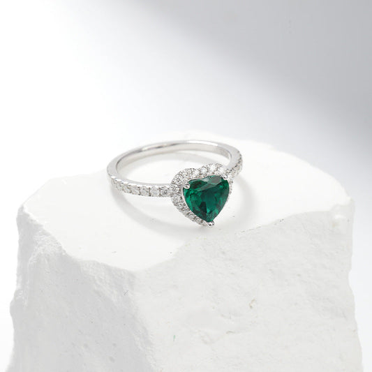 Plata Esmeralda Corazón Halo Anillo