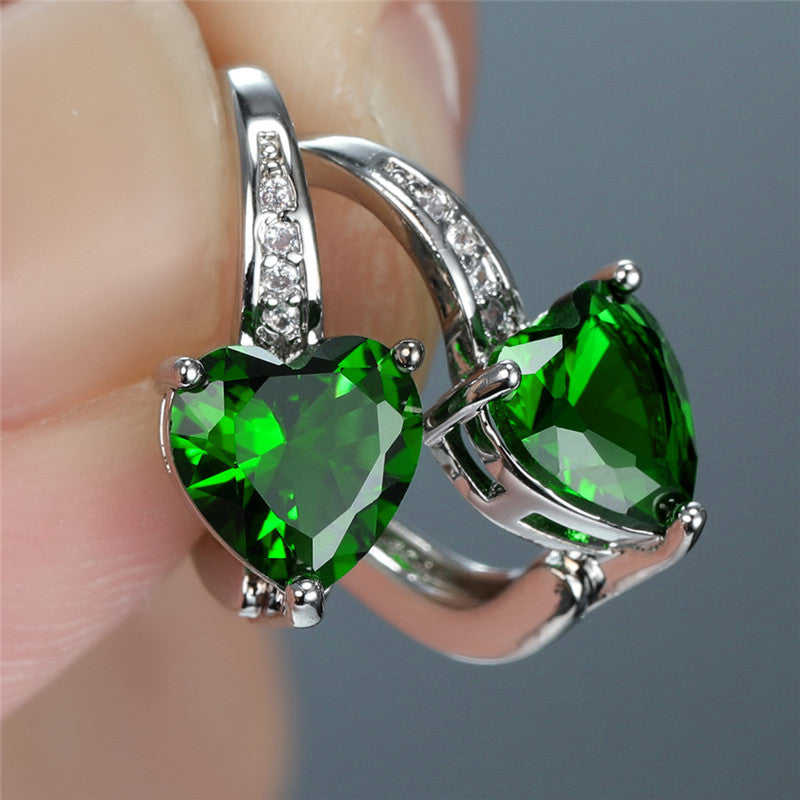 Plata Esmeralda Corazón Aretes de Aro