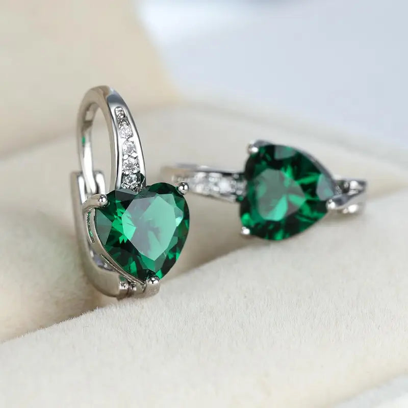 Plata Esmeralda Corazón Aretes de Aro