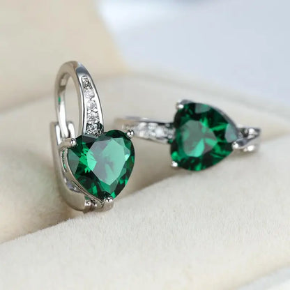 Plata Esmeralda Corazón Aretes de Aro