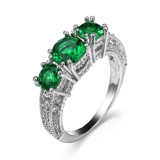 Plata Esmeralda Three-Piedra Anillo