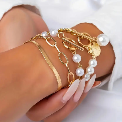 Chic Oro 4-Piece Set de Pulseras - Snake, Perlas & Links | Oro