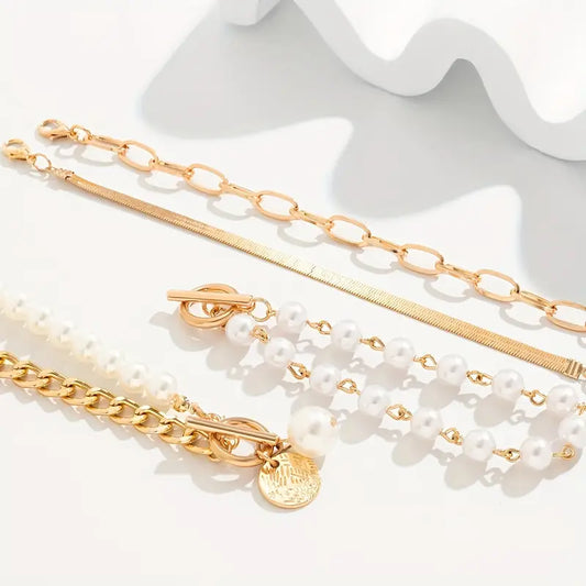 Chic Oro 4-Piece Set de Pulseras - Snake, Perlas & Links | Oro