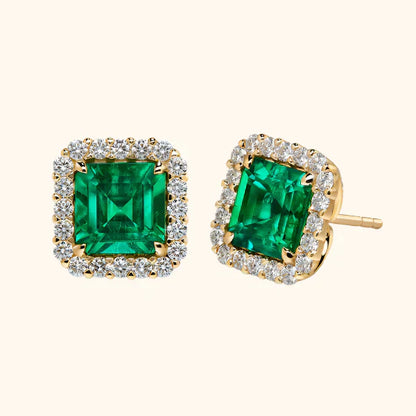 Oro Esmeralda Square Halo Aretes de Botón