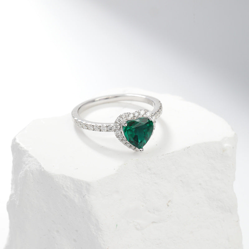 Plata Esmeralda Corazón Halo Anillo