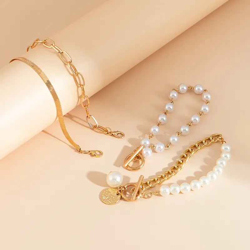 Chic Oro 4-Piece Set de Pulseras - Snake, Perlas & Links | Oro