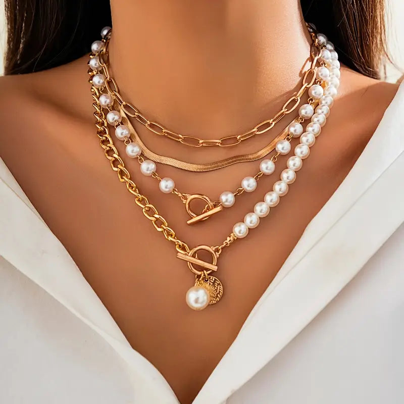 Vintage Perla & Oro Snake Chain Set de Collares | Oro