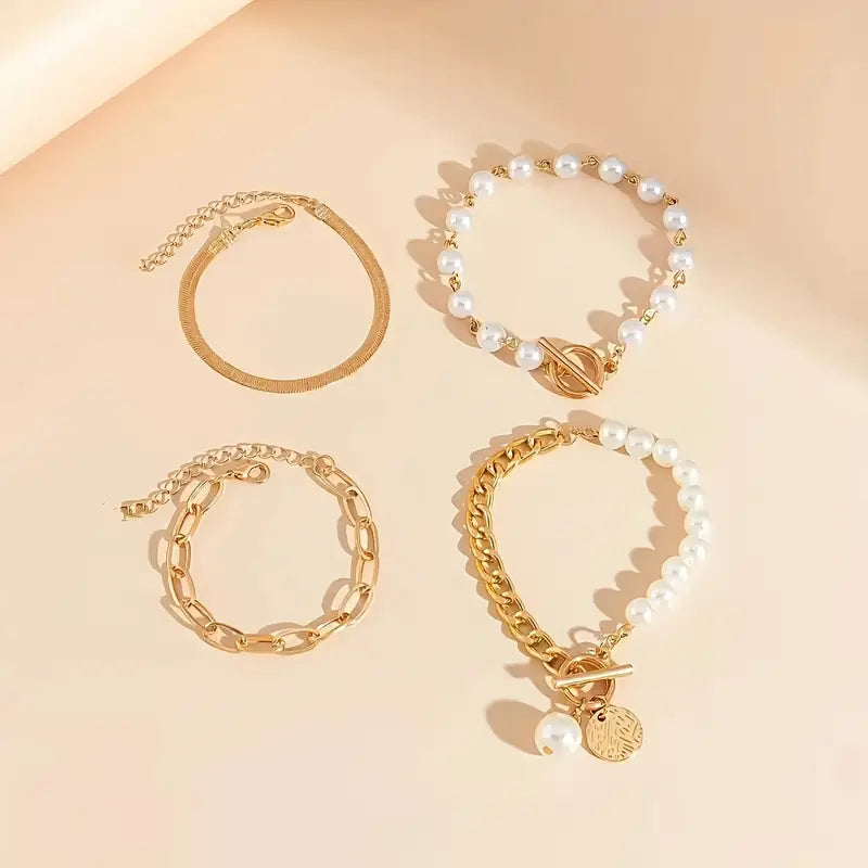 Chic Oro 4-Piece Set de Pulseras - Snake, Perlas & Links | Oro